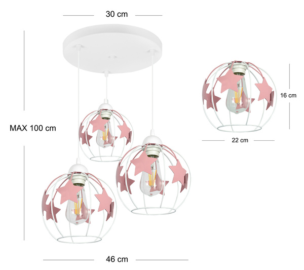 Lampa sufitowa do pokoju dziewczynki w różowe gwiazdki 3xE27