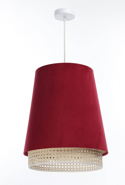 Lampa w stylu Boho podwójny abażur welur i naturalny rattan czerwona 