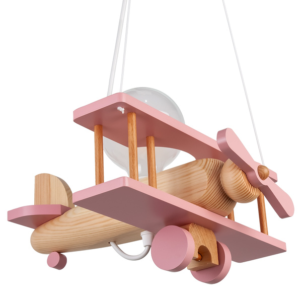 Lampa sufitowa do pokoju dziewczynki samolot drewniany mały różowo-naturalny 1xE27 Led 