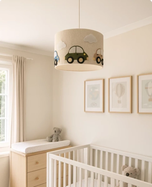 Lampa wisząca do pokoju chłopca w stylu Boho Autka średnica 35 cm 1xE27 Led 