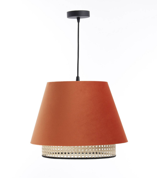 Lampa w stylu Boho podwójny abażur satyna i naturalny rattan czrwona
