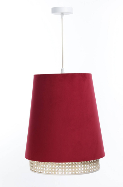 Lampa w stylu Boho podwójny abażur welur i naturalny rattan czerwona 