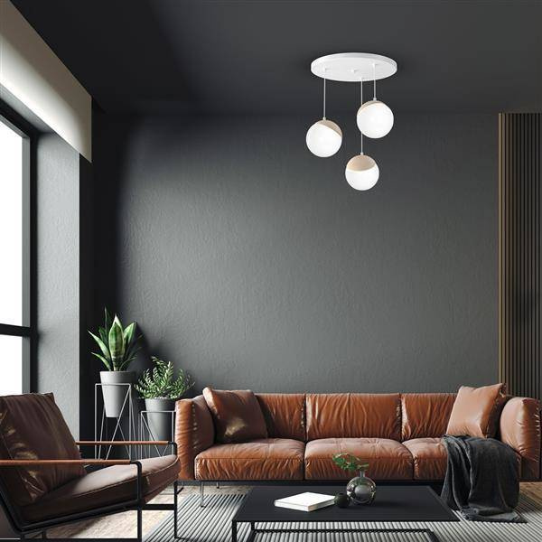 Lampa wisząca nowoczesna szklana kula SFERA WOOD III drewno/biały śr. 35cm
