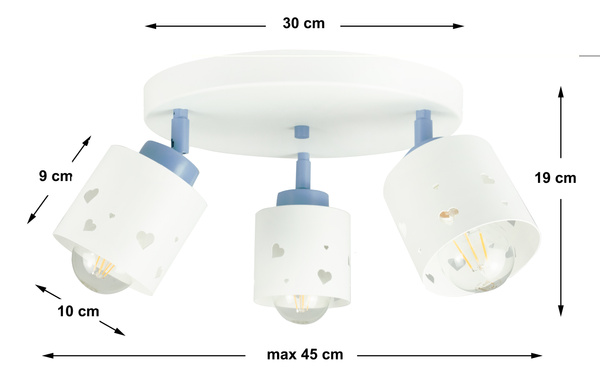 Lampa sufitowa do pokoju chłopca i dziewczynki biało - niebieska serca 3xE27