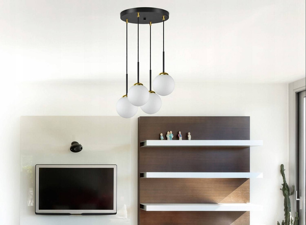Lampa wisząca czarno-złota mleczne kule 4 źródła światła  