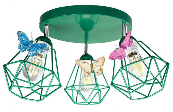 Lampa sufitowa do pokoju dziewczynki zielona 3 punktowa Motylek Druciak Loft 