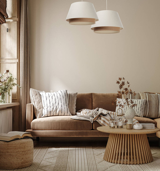 Lampa w stylu Boho podwójny abażur welur i naturalna juta kremowa 