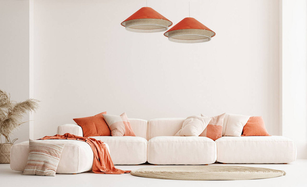 Lampa w stylu Boho podwójny abażur welur i naturalny rattan pomarańczowa 