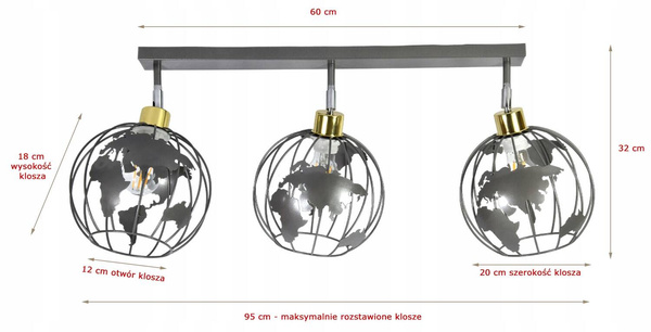Lampa sufitowa do pokoju młodzieżowego szara Zakręcony Globus 3xE27 Led