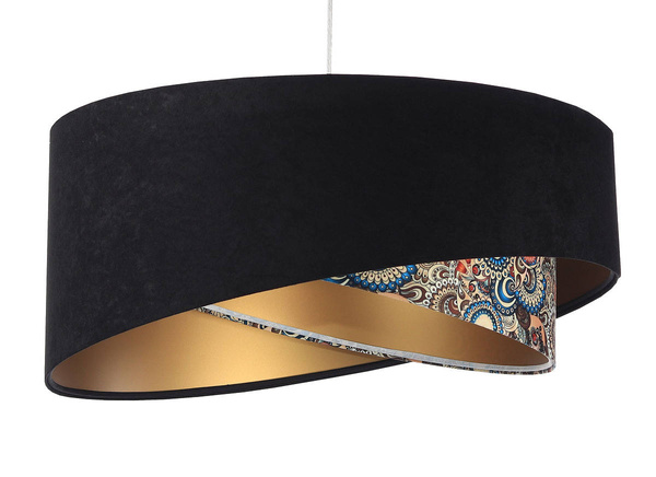 Czarna lampa wisząca asymetryczna welurowa złoty środek ornament