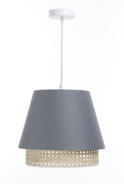 Lampa w stylu Boho podwójny abażur welur i naturalny rattan szara 