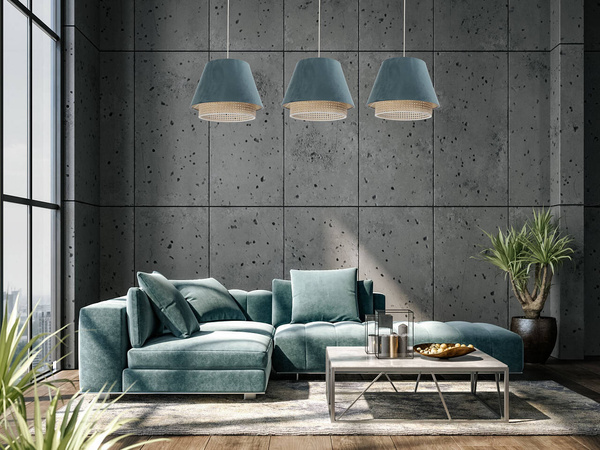 Lampa w stylu Boho podwójny abażur welur i naturalny rattan morska