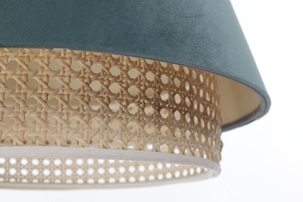 Lampa w stylu Boho podwójny abażur welur i naturalny rattan morska