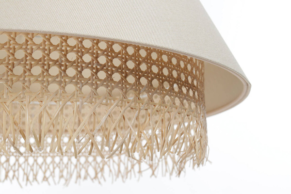Lampa w stylu Boho podwójny abażur len i naturalny rattan kremowa 