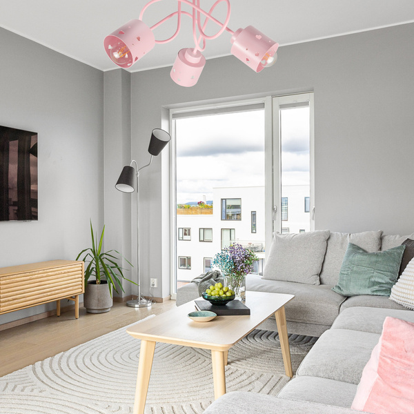 Lampa sufitowa do pokoju dziewczynki różowa w serca loft 3xE27
