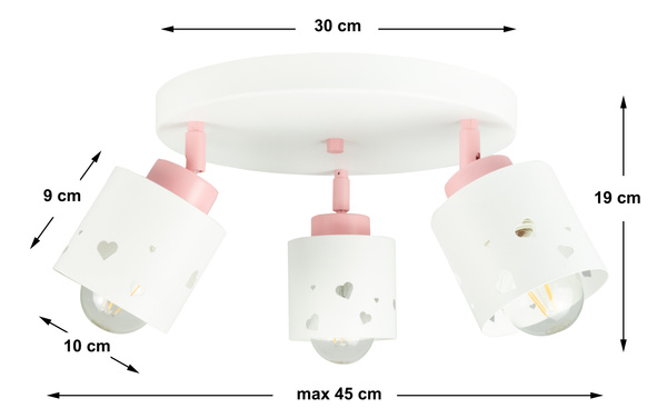 Lampa sufitowa do pokoju dziewczynki biało różowa serca 3xE27