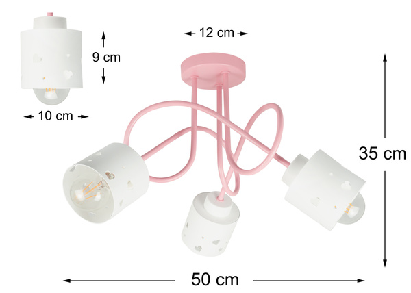 Lampa sufitowa do pokoju dziewczynki różowo-biała SERCA LOFT 3xE27