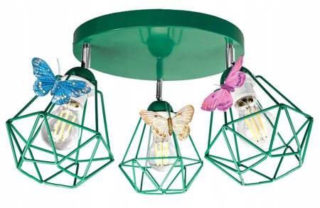 Lampa sufitowa do pokoju dziewczynki zielona 3 punktowa Motylek Druciak Loft