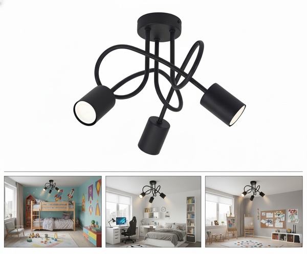 Lampa sufitowa do pokoju młodzieżowego czarna Zakręcony Cylinderek 3xGU10 