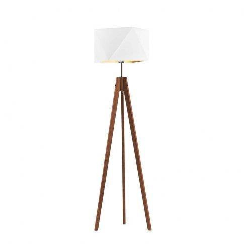 Lampa podłogowa Diament Gold – drewniana stojąca lampa ze złotym abażurem