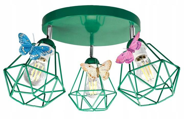 Lampa sufitowa do pokoju dziewczynki zielona 3 punktowa Motylek Druciak Loft 