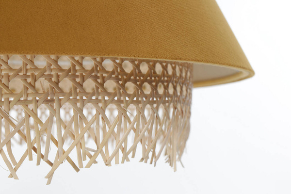 Lampa w stylu Boho podwójny abażur welur i naturalny rattan żółta 