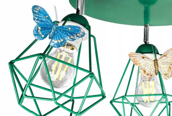 Lampa sufitowa do pokoju dziewczynki zielona 3 punktowa Motylek Druciak Loft 