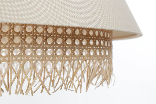 Lampa w stylu Boho podwójny abażur len i naturalny rattan kremowa 