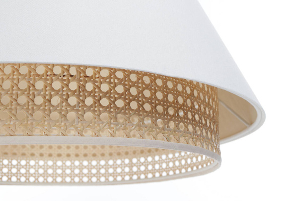 Lampa w stylu Boho podwójny abażur len i naturalny rattan kremowa 