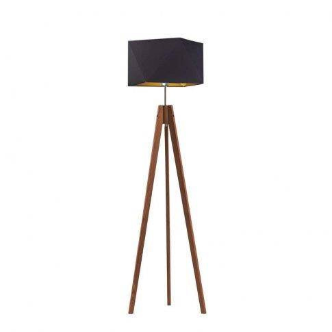 Lampa podłogowa Diament Gold – drewniana stojąca lampa ze złotym abażurem