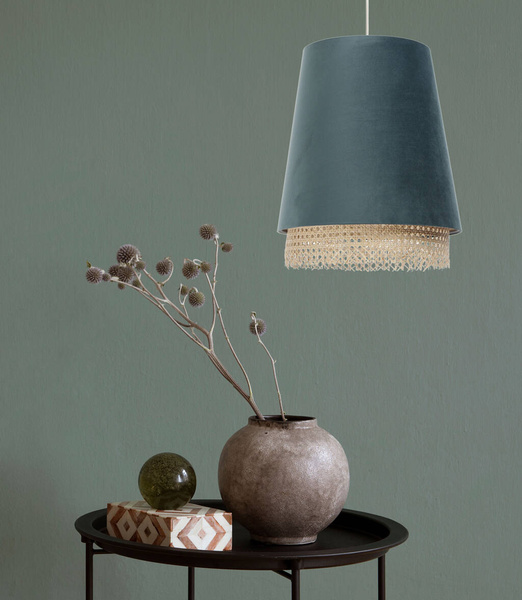 Lampa w stylu Boho podwójny abażur welur i naturalny rattan morski 