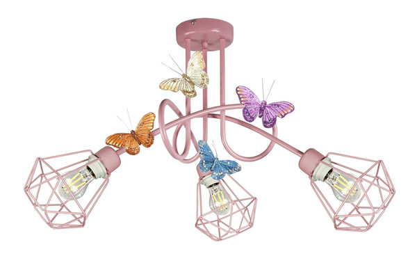 Lampa sufitowa do pokoju dziewczynki różowa w stylu loft Edison Druciak 3xE27 motylki