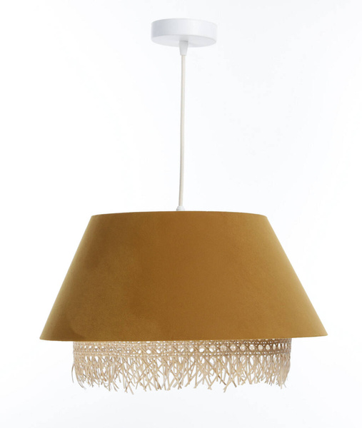 Lampa w stylu Boho podwójny abażur welur i naturalny rattan żółta 