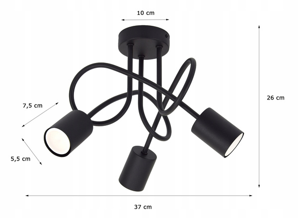 Lampa sufitowa do pokoju młodzieżowego czarna Zakręcony Cylinderek 3xGU10 