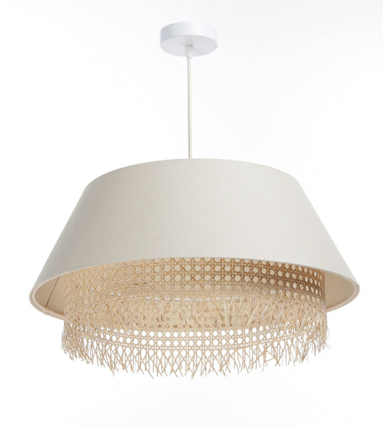 Lampa w stylu Boho podwójny abażur len i naturalny rattan kremowa 