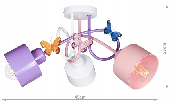 Lampa sufitowa do pokoju dziewczynki z motylkami Zakręcony Kubeczek 3xE27 Led 