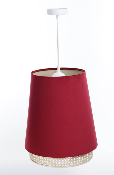Lampa w stylu Boho podwójny abażur welur i naturalny rattan czerwona 