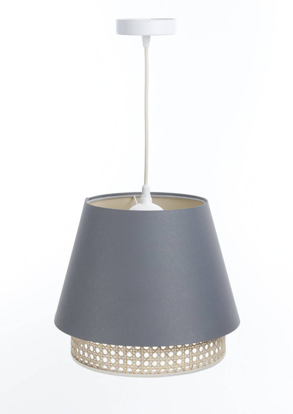 Lampa w stylu Boho podwójny abażur welur i naturalny rattan szara 