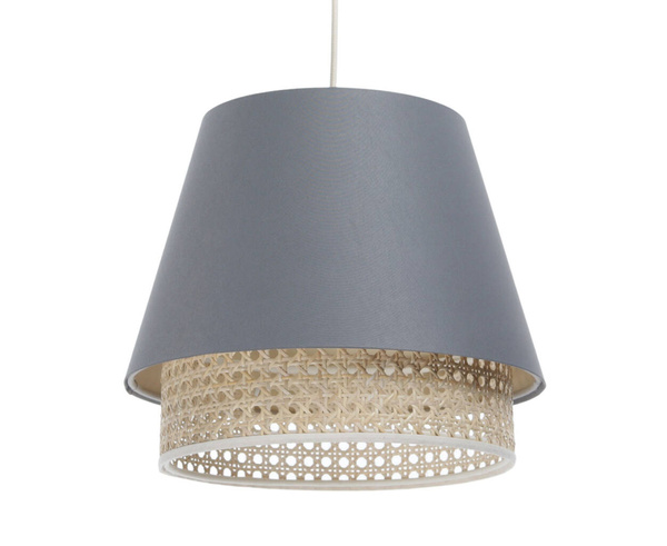 Lampa w stylu Boho podwójny abażur welur i naturalny rattan szara 