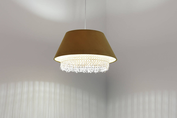 Lampa w stylu Boho podwójny abażur welur i naturalny rattan żółta 