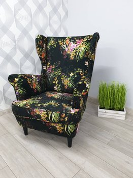 Fotel Uszak w stylu boho - kwiaty i liście na czarnym tle 3D