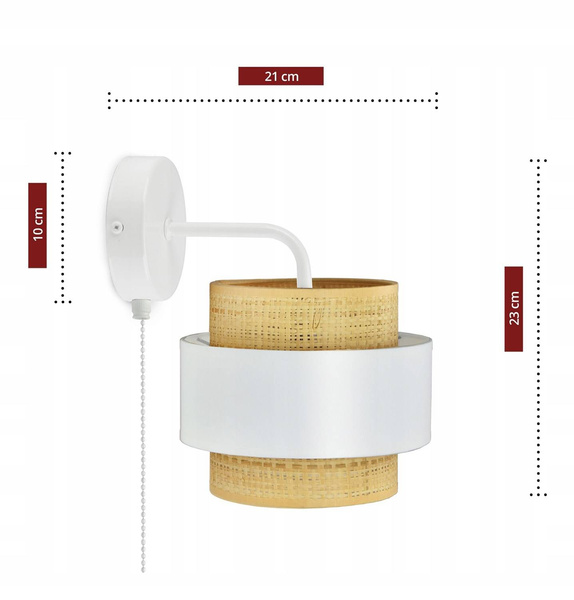 Kinkiet w stylu boho rattanowy biały z włacznikiem łańcuszkowym