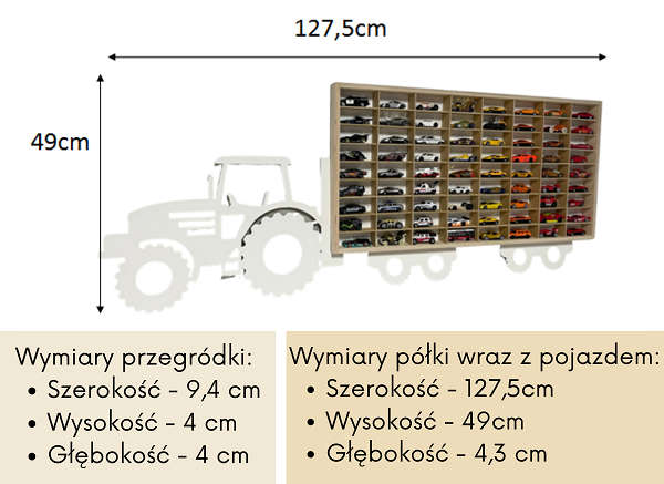 Półka na resoraki do pokoju chłopca drewniana traktor biały 72