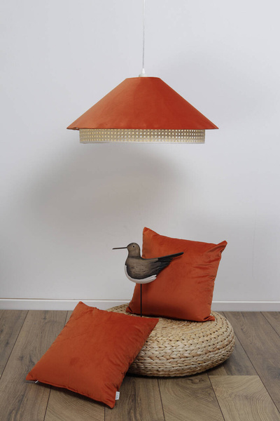 Lampa w stylu Boho podwójny abażur welur i naturalny rattan pomarańczowa 