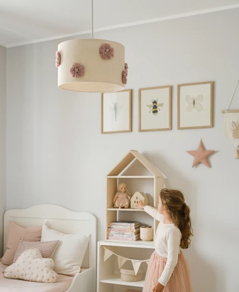 Lampa wisząca do pokoju dziewczynki w stylu Boho Kwiatki Brudny Róż 45 cm