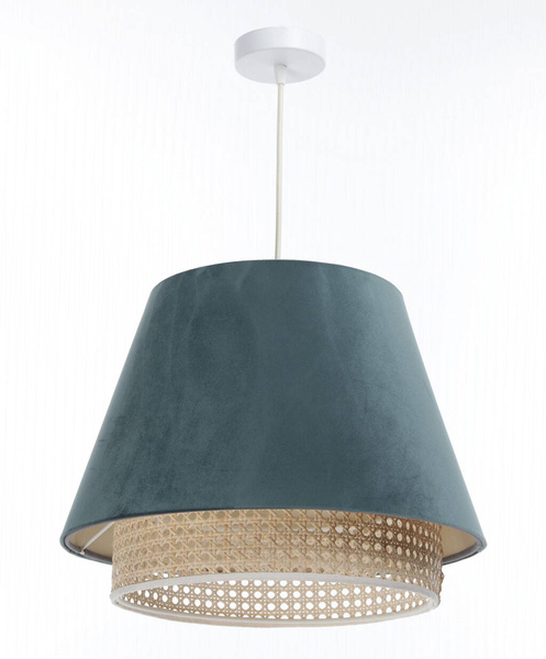 Lampa w stylu Boho podwójny abażur welur i naturalny rattan morska