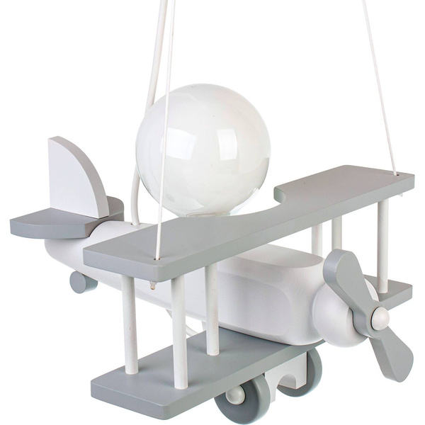 Lampa sufitowa do pokoju dziecka samolot drewniany mały szaro- biały 1xE27 Led 