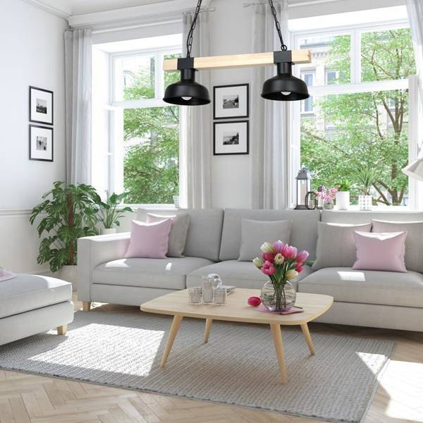 Lampa wisząca FARO CZARNA / NATURALNE DREWNO 2xE27 60W