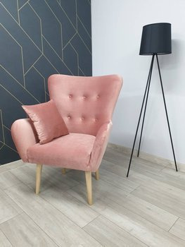 Stylowy Fotel Skandynawski OLIVIA   pudrowy róż z poduszką oraz podnóżkiem