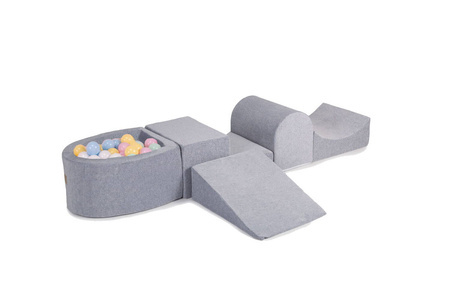 Jasnoszary piankowy  plac zabaw do pokoju dziewczynki z suchym basenem z piłkami 100szt w kolorze błekitnym, białym, miętowym, pasteloworóżowym, paslelowożółtym